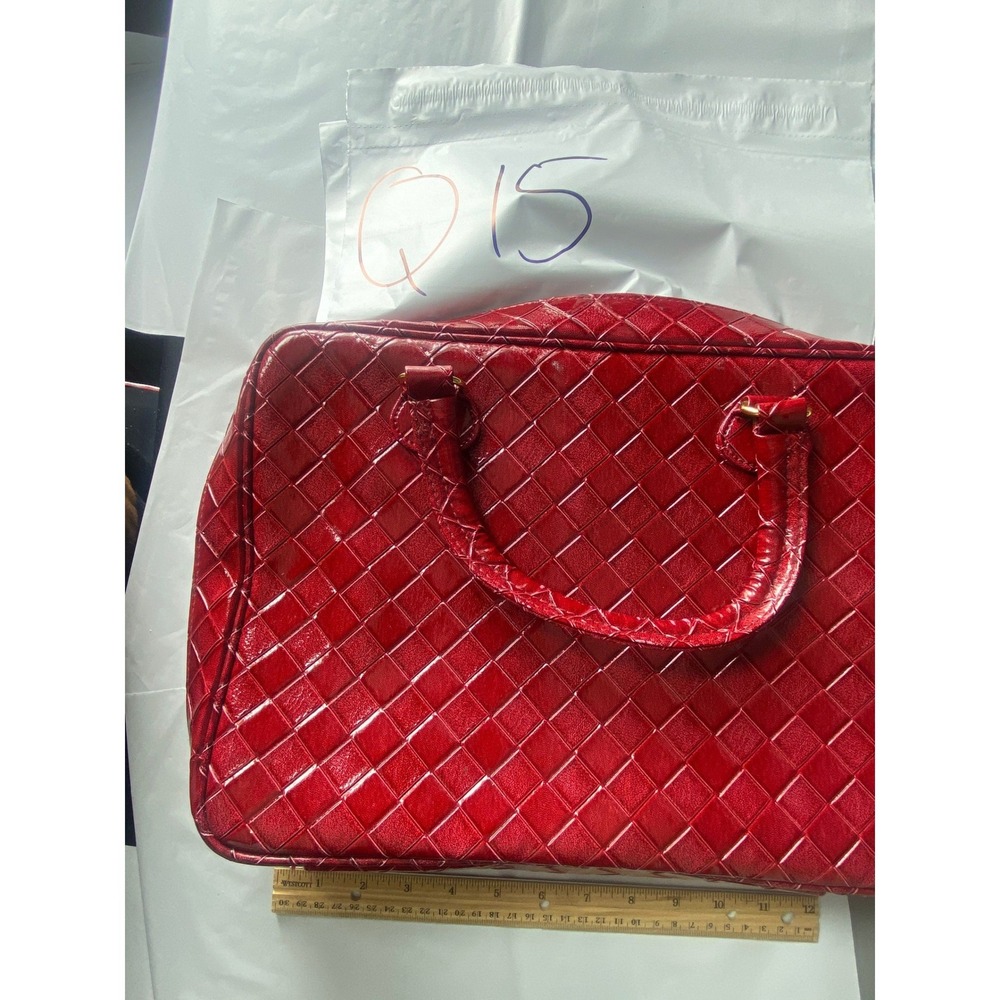 Red Quilted‎ Faux Leather Top Handle Satchel Handbag Zip Closure Medium